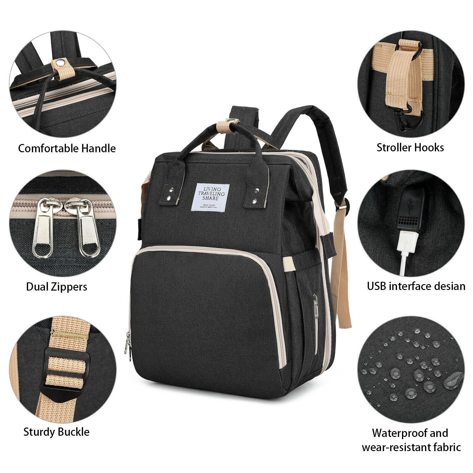 Waterproof 3 in 1 Baby Diaper Bag Backpack with Bassinet Changing Station Travel 24Hr Smart